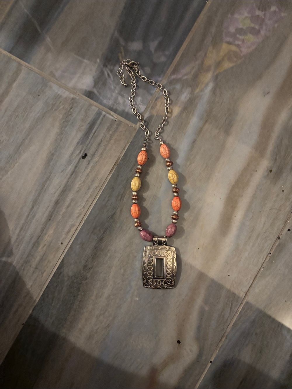 Multicolor Stone Bead Necklace with Ornate Silver-Tone Pendant